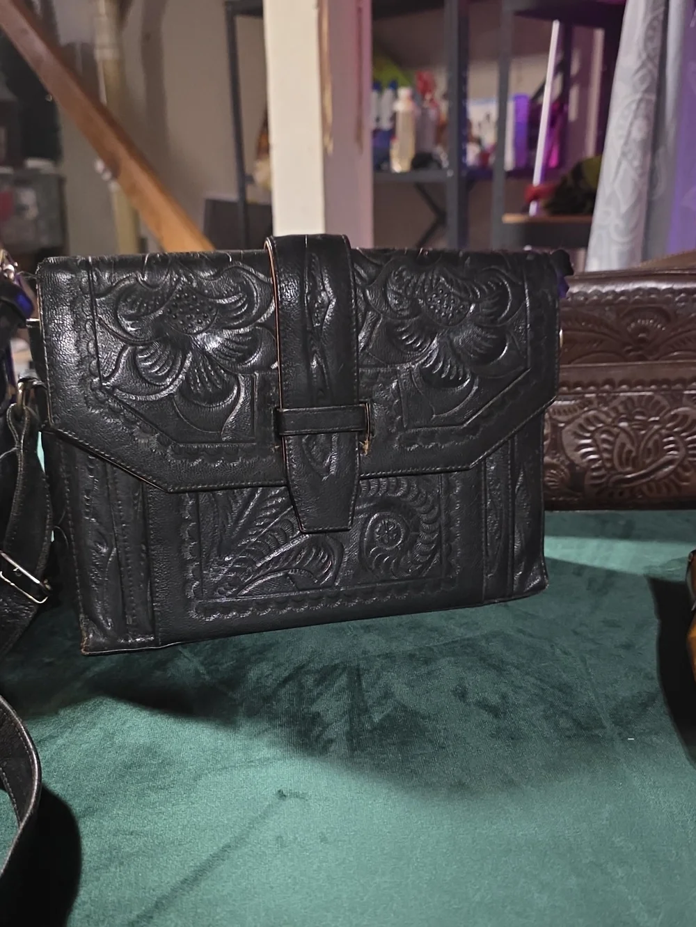 Lot Of Hand-Tooled Leather Messenger Bag - Black